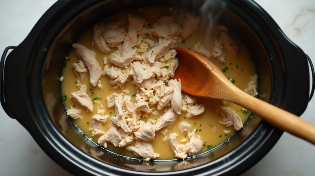 A slow cooker filled with shredded, non-browned chicken cooked with herbs and broth.