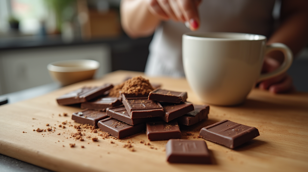 A home baker breaking a chocolate bar, debating if it's a snack or dessert.