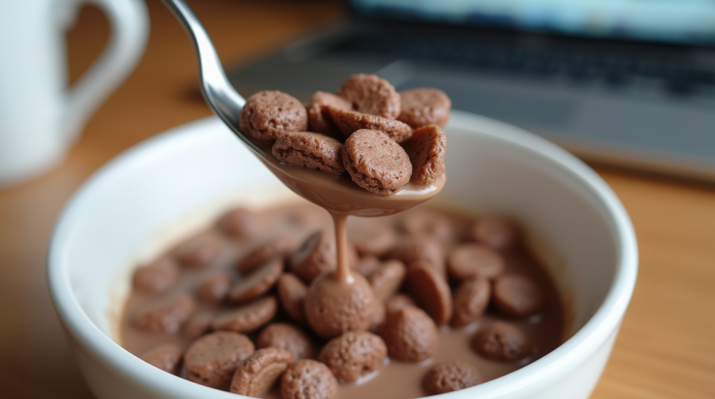 A spoonful of chocolate cereal dipped in milk with a blurred morning setup