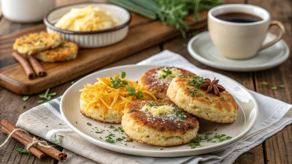Three air-fried biscuit variations—honey butter, cheddar herb, and cinnamon sugar—on a rustic plate