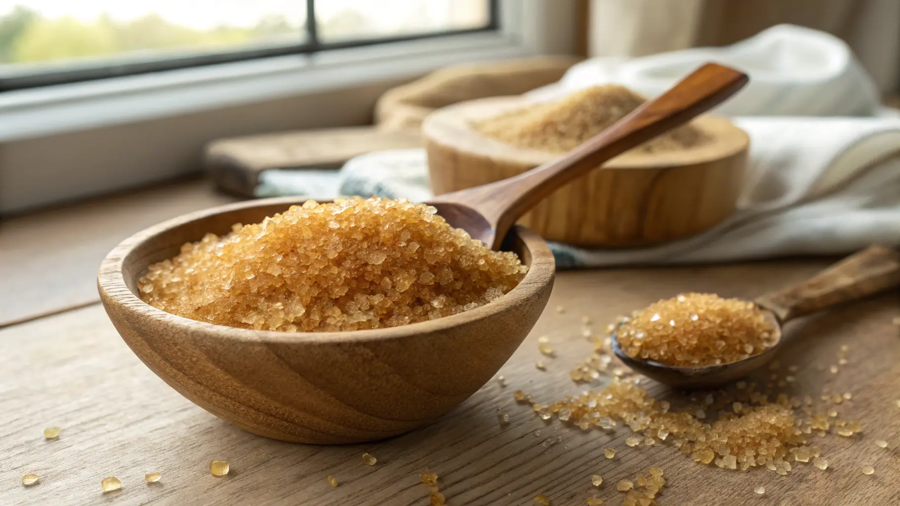 A wooden bowl filled with golden Demerara sugar with a wooden spoon scooping up crystals