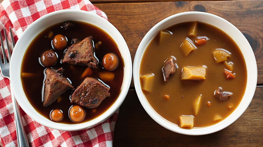 Two bowls of pot roast side by side, one with browned meat and one without.