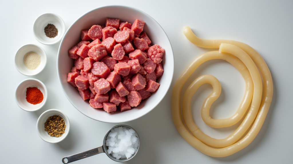 Fresh ingredients for making summer sausage, including ground meat, spices, and sausage casing.