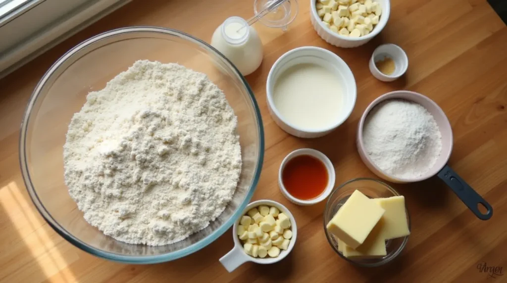 Ingredients for gender reveal cupcakes, including flour, sugar, butter, eggs, and vanilla extract, displayed on a wooden countertop.