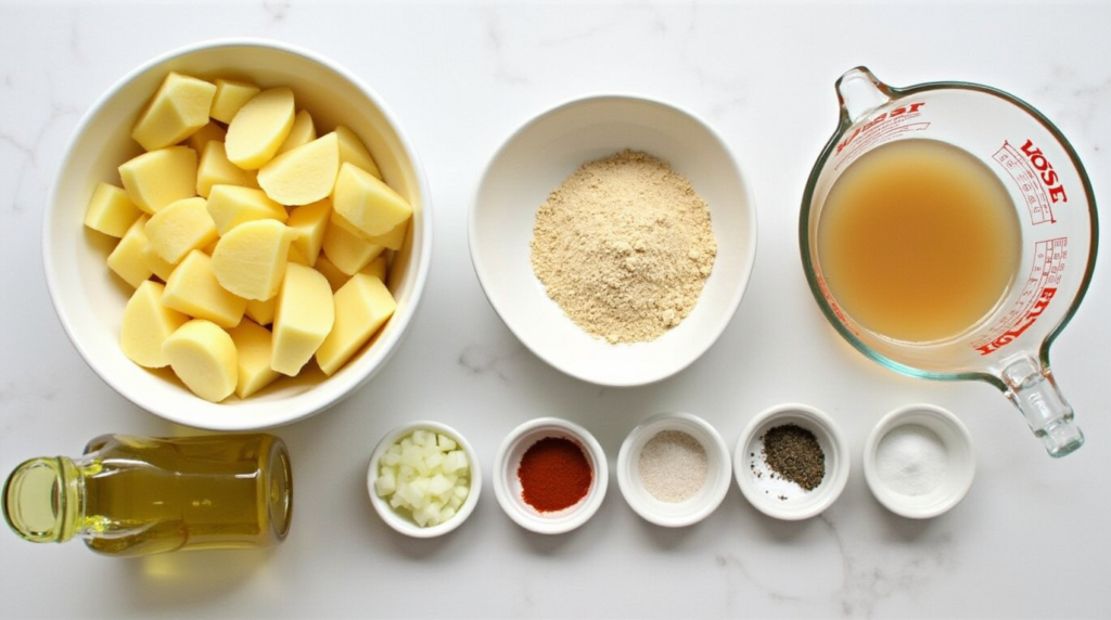 Ingredients for Passover potato pie, including sliced potatoes, matzo meal, eggs, broth, and seasonings.