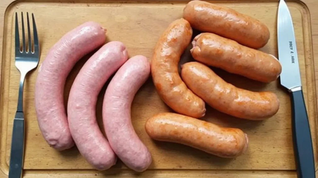 Fresh raw sausages and pre-cooked sausages side by side on a wooden board.
