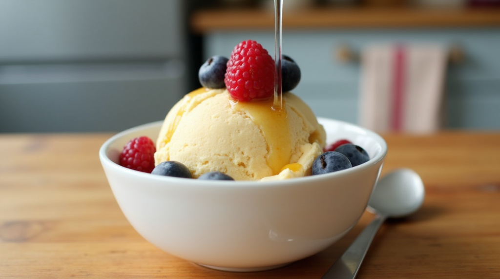 A bowl of homemade ice cream topped with fresh berries and honey in a home kitchen.