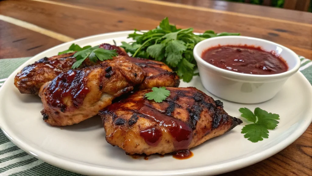 Grilled chicken coated in a raspberry chipotle glaze with a side of extra sauce for dipping