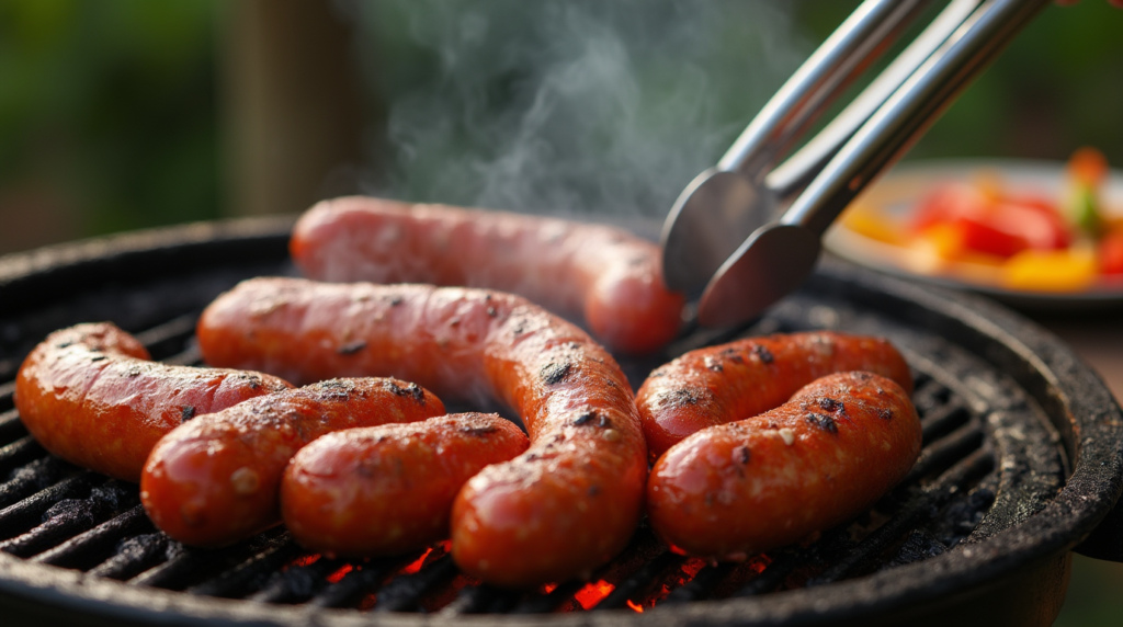 Whole chorizo links grilling over open flames, developing a smoky, charred exterior.