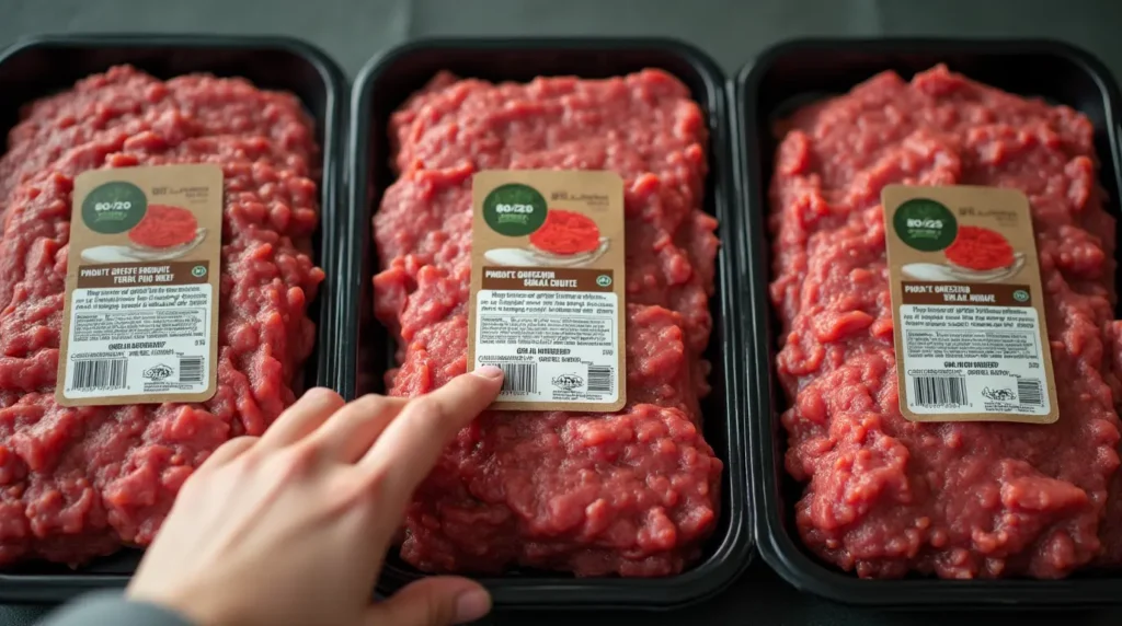 Comparison of ground sirloin, ground chuck, and ground round in grocery store packaging.