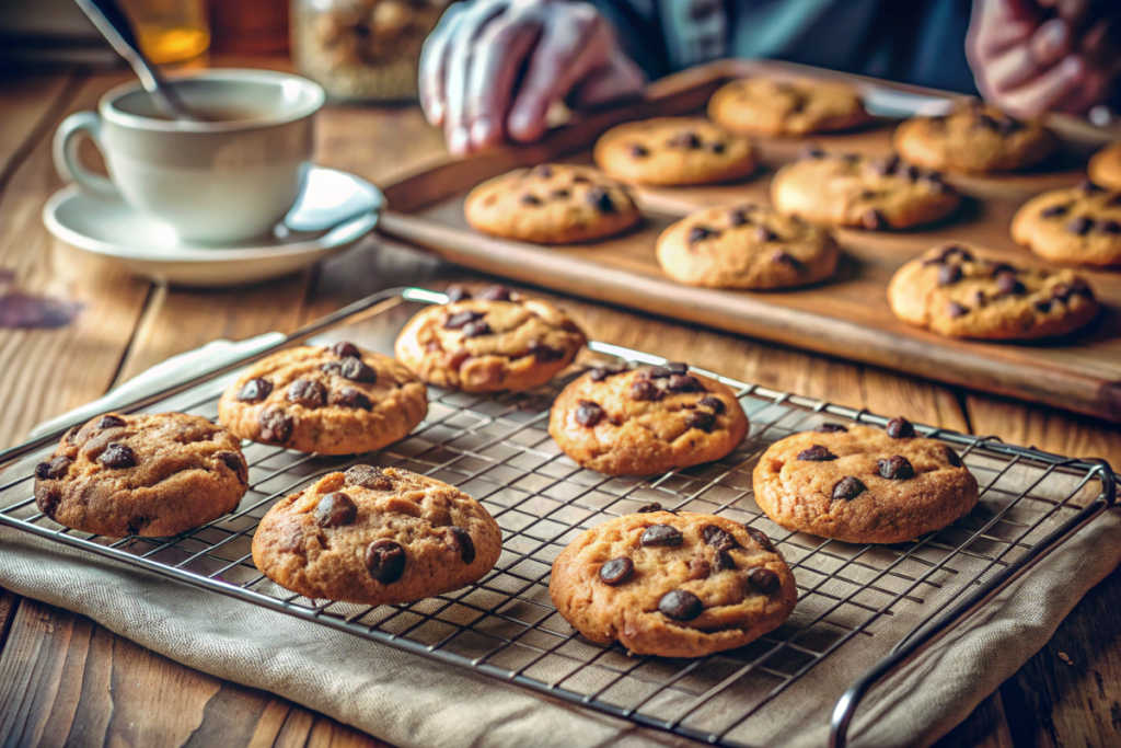 A batch of warm, freshly baked chocolate chip cookies on a baking tray