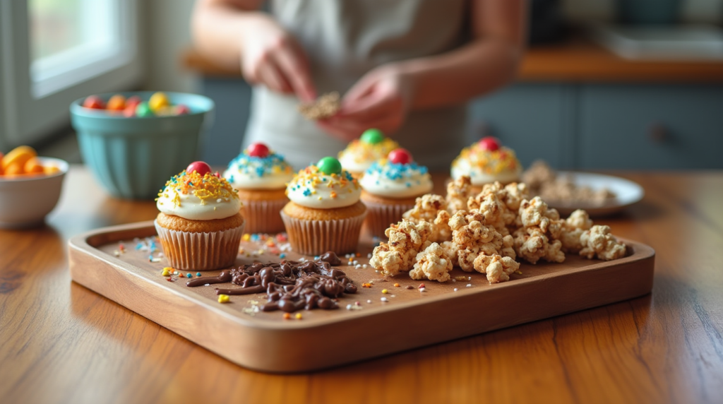 A homemade dessert platter with candy toppings, including cupcakes and caramel popcorn.