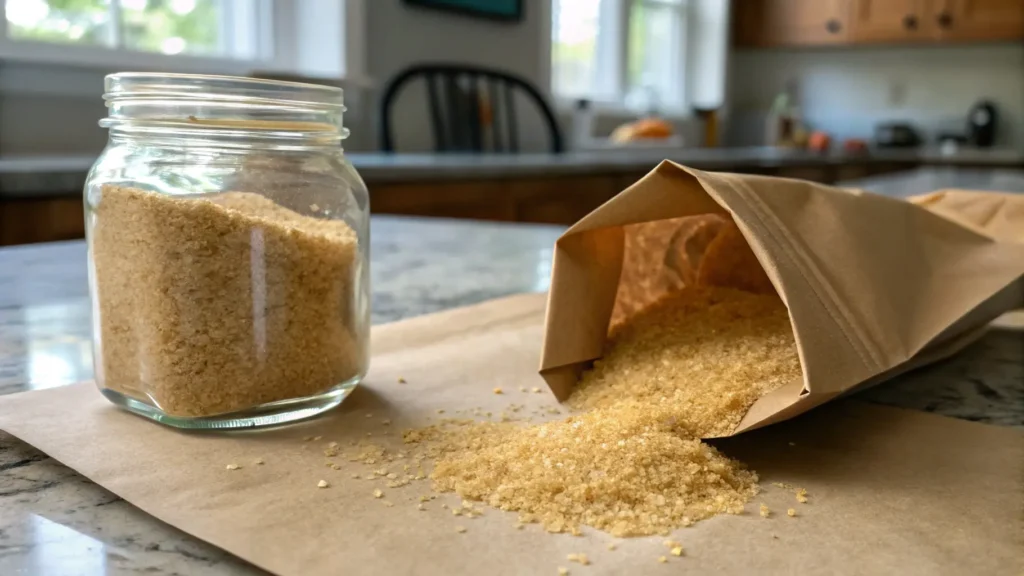 Demerara sugar spilling from a brown paper bag onto a wooden countertop