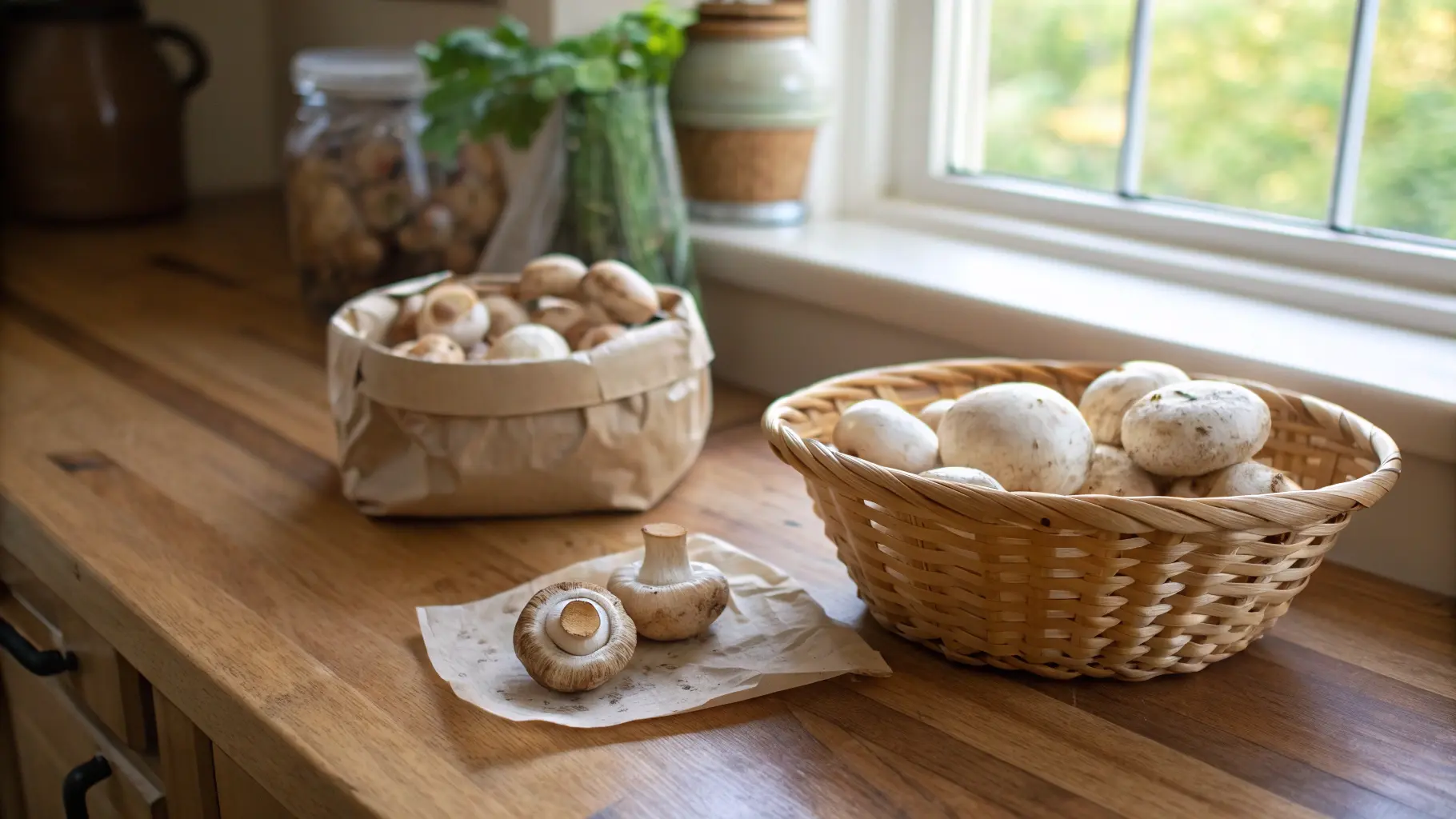 Fresh and slightly aging mushrooms on a wooden countertop."