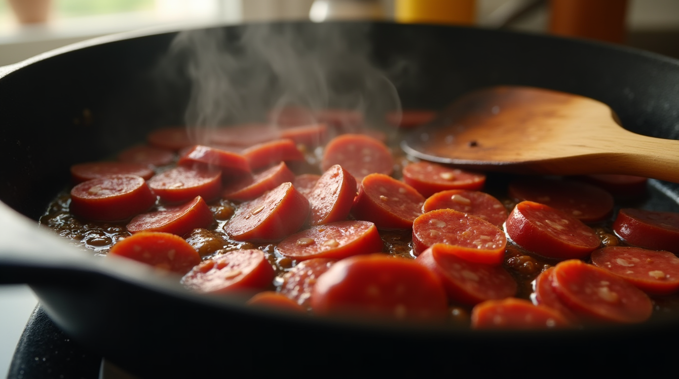 how long to fry chorizo?Sliced chorizo sizzling in a cast-iron skillet with rich red spices and natural oils