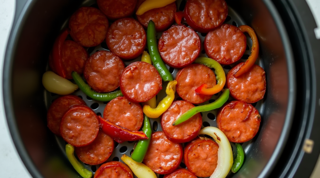 Chorizo slices, bell peppers, and onions cooking in an air fryer basket