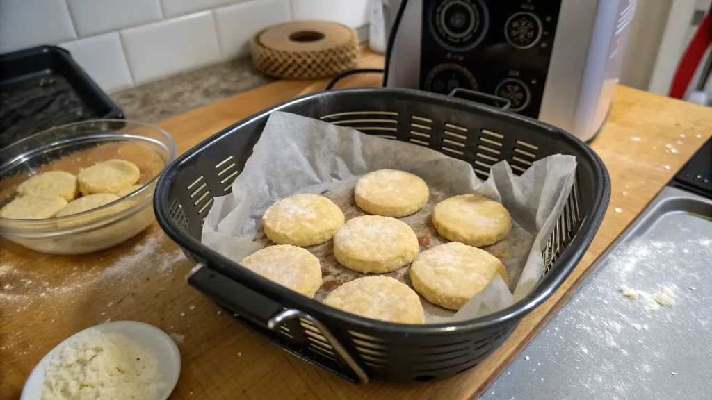 Raw biscuit dough rounds arranged in an air fryer basket with parchment paper for even cooking