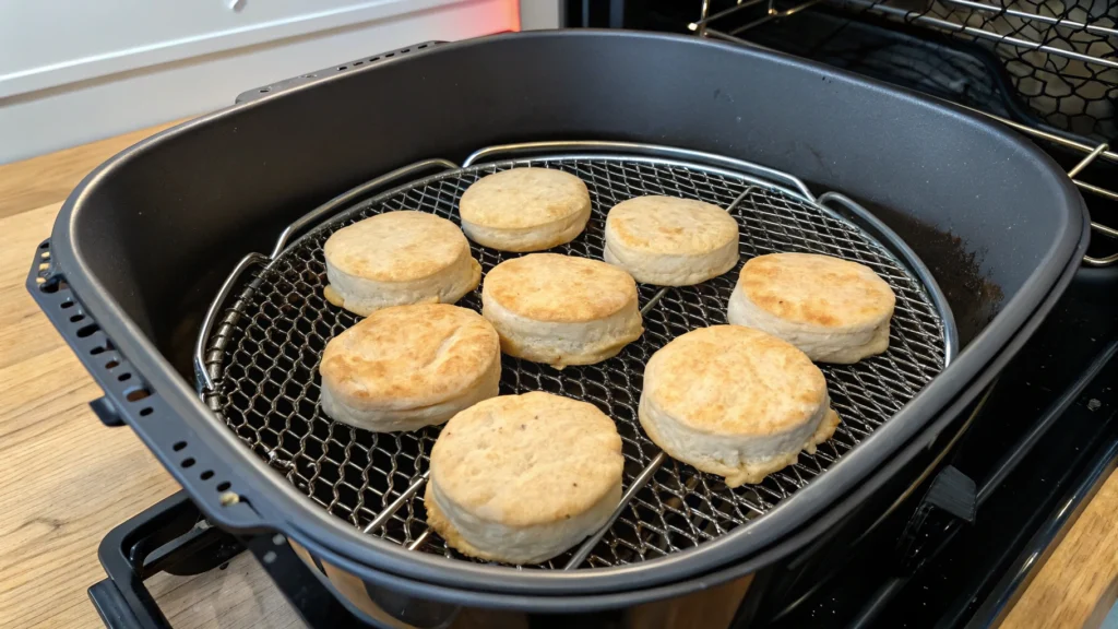Can You Cook Can Biscuits in an Air Fryer? Raw canned biscuits arranged in an air fryer basket for even cooking
