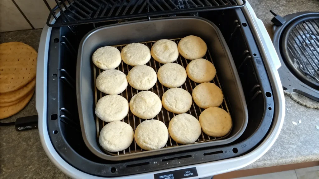 Raw biscuits arranged inside an air fryer basket, ready for baking.
