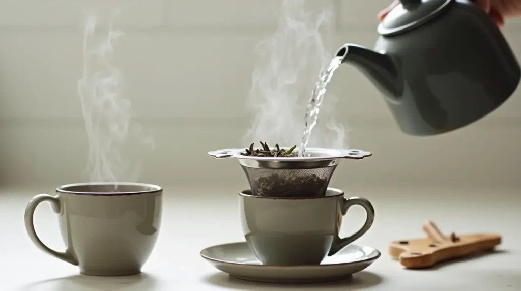 A steaming cup of tea being poured from a ceramic teapot with loose-leaf herbs in a strainer.