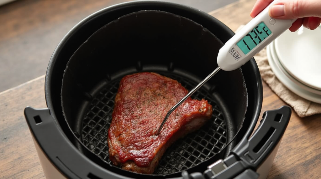 A meat thermometer checking the doneness of an air-fried rack of lamb.