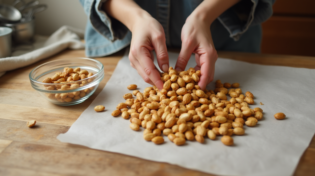 Home baker selecting dry-roasted peanuts for making chocolate-covered peanuts.