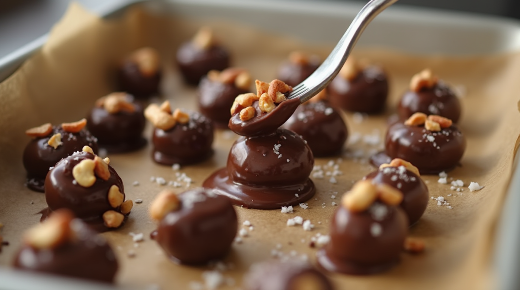 A home baker dipping peanuts into melted chocolate for homemade chocolate-covered peanuts.