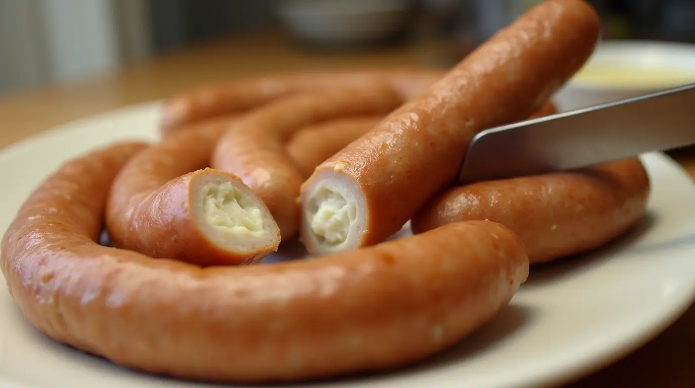 Sliced boudin blanc sausage with a golden-brown sear, served on a plate.