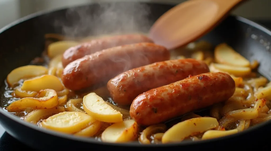 Caramelized apples and onions cooking in a pan with boudin blanc sausages.