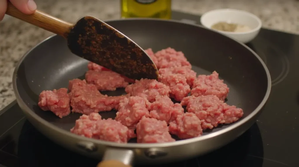 Ground sirloin cooking in a pan, with a spatula pressing the meat for even browning.