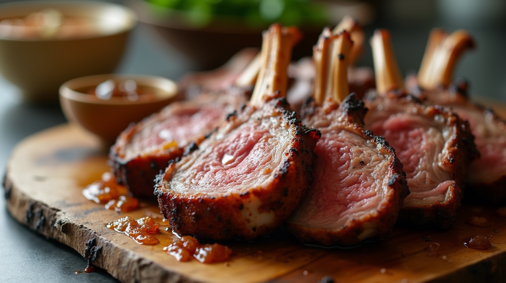 A crispy air-fried rack of lamb, sliced and served on a wooden platter.