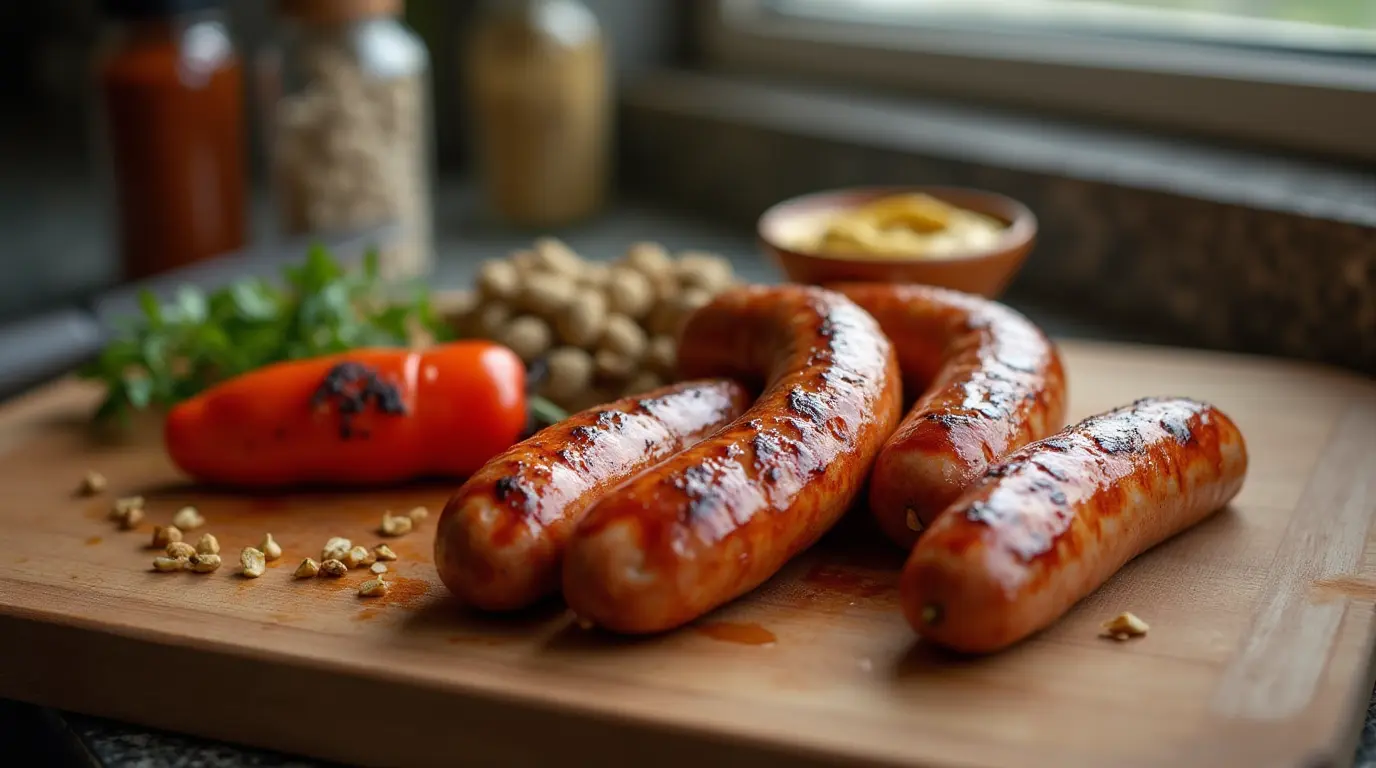 Grilled chicken andouille sausages on a wooden board with mustard and peppers.