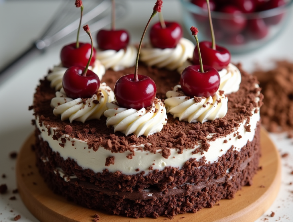 A baker decorating a homemade Black Forest cake with fresh cherries and chocolate shavings in a home kitchen.