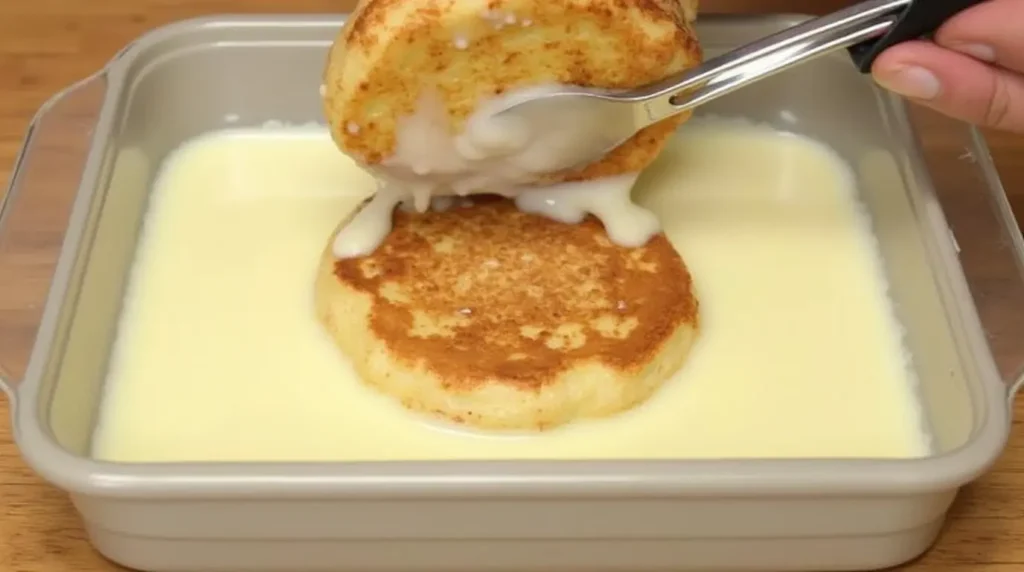 A pancake being dipped in a French toast custard mixture in a shallow dish.