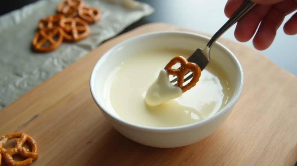 A hand dipping a mini pretzel into a bowl of melted white chocolate.