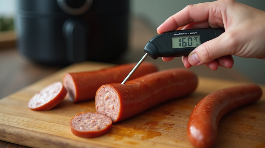 A home cook checking sausage doneness with a meat thermometer on a wooden board.