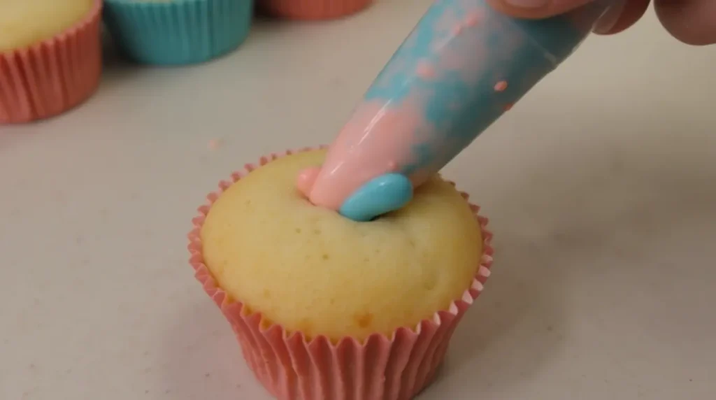 Filling gender reveal cupcakes with pink or blue icing using a piping bag.