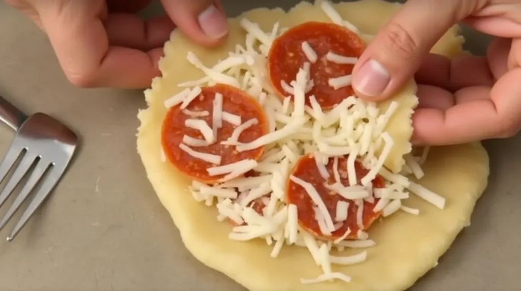 Pizza puff being assembled with sauce, cheese, and pepperoni before sealing.