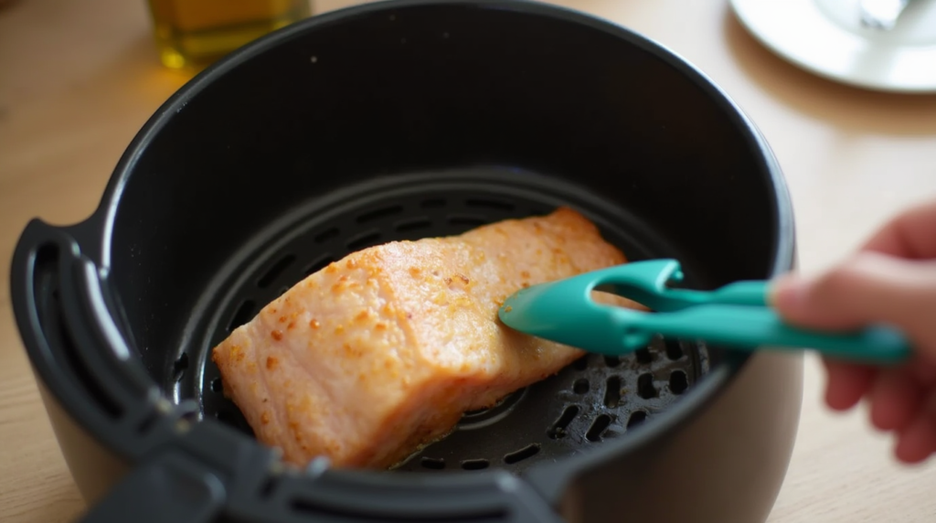 Flipping Fish in the Air Fryer basket with a silicone spatula and tongs.