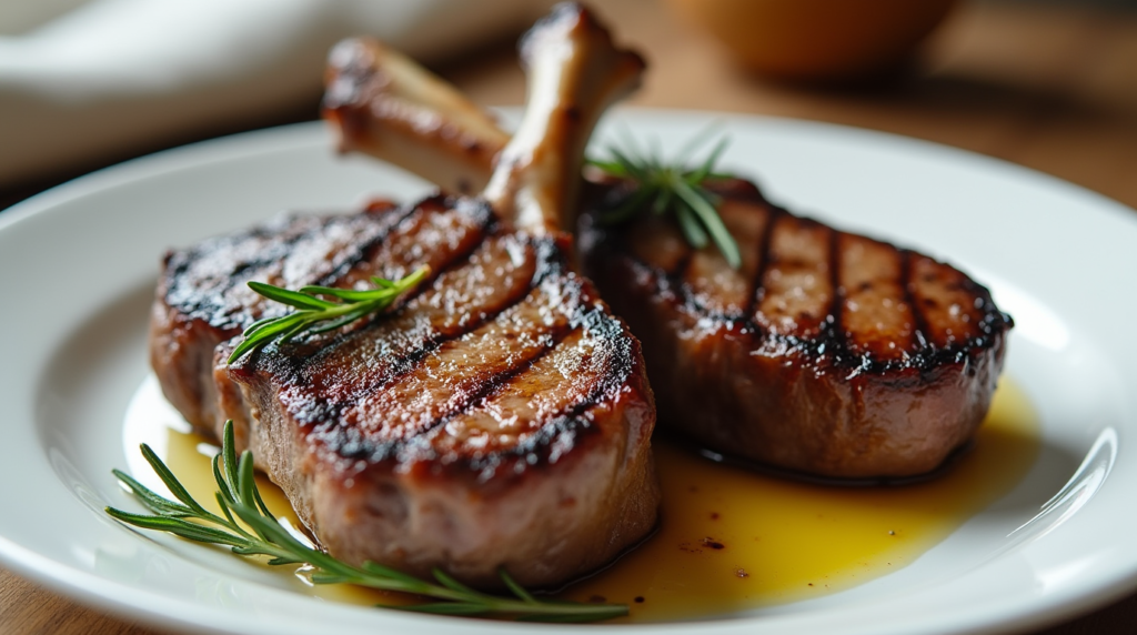 Perfectly grilled lamb chops with rosemary on a white plate.