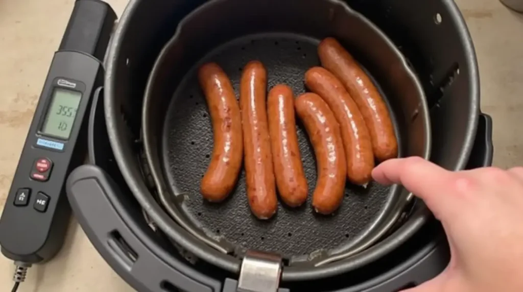 Pre-cooked sausages heating in an air fryer at 375°F, with a slight crisp forming.