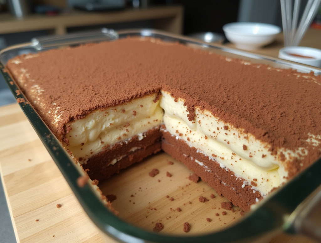 A homemade tiramisu one of Most Popular Dessert in Europe being assembled with layers of espresso-soaked ladyfingers and mascarpone cream on a home kitchen counter.