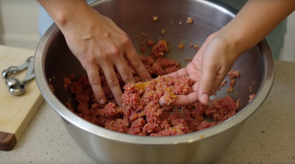 Hands mixing ground meat and spices in a stainless-steel bowl for summer sausage.