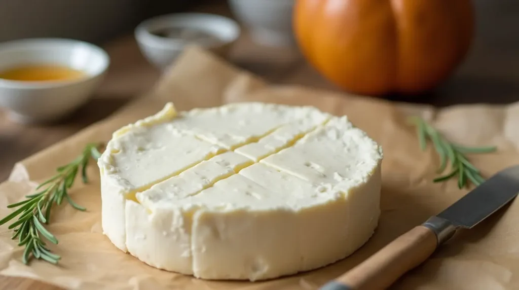 Preparing Brie for air frying by scoring the top and adding toppings.