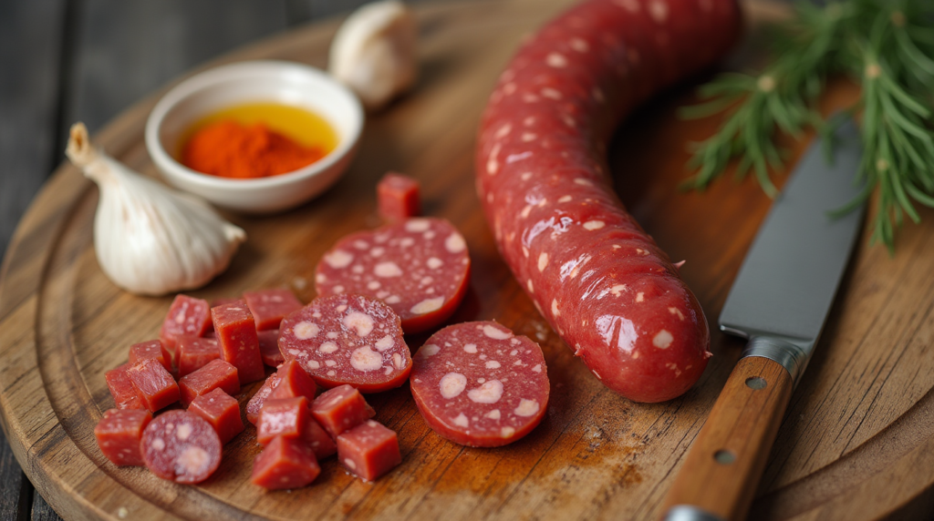 Sliced and diced chorizo on a wooden cutting board with paprika, garlic, and olive oil.