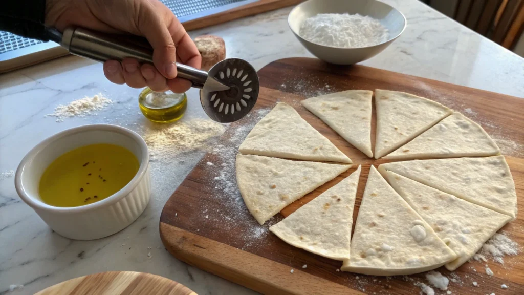 Flour tortillas being cut into triangles and brushed with oil for air frying