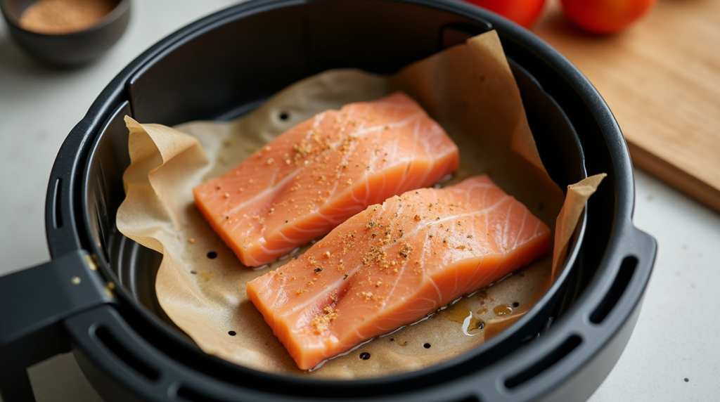 Raw fish fillets in an air fryer basket with seasoning and parchment paper liner.