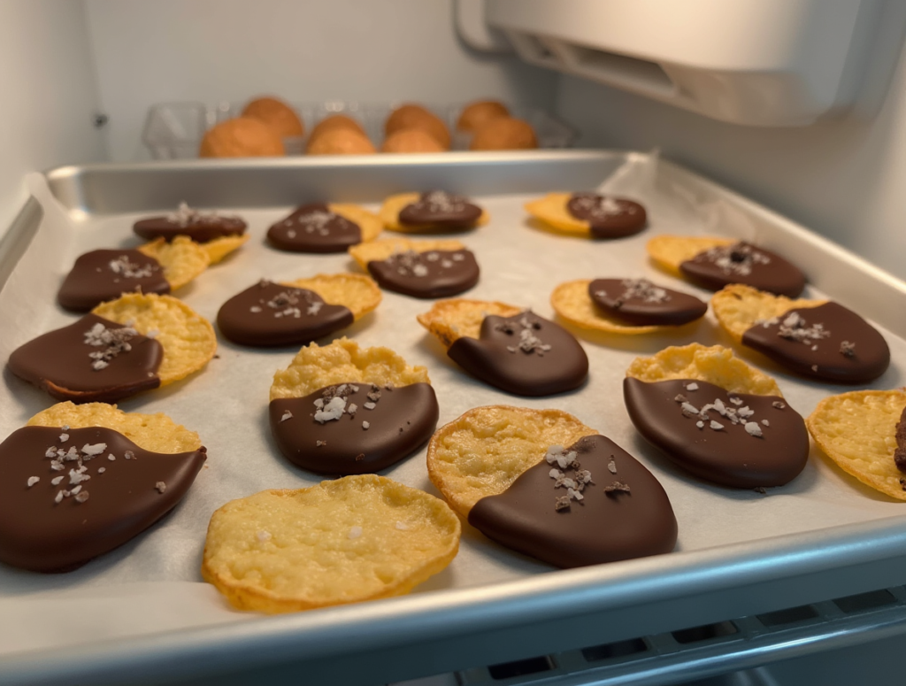 A tray of chocolate-covered potato chips chilling in the refrigerator to set the chocolate coating.