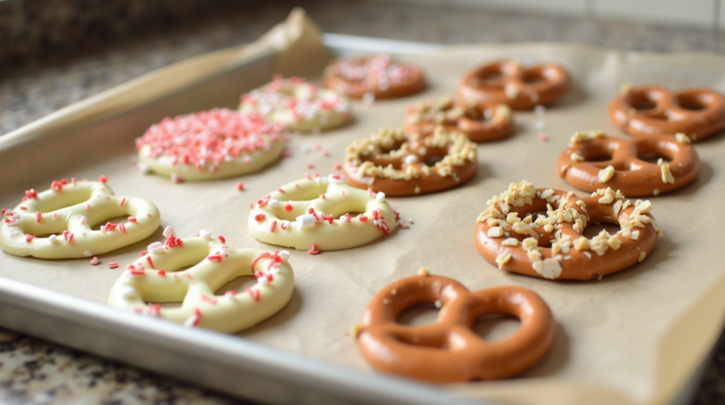 Freshly dipped white chocolate pretzels setting on a parchment-lined baking tray