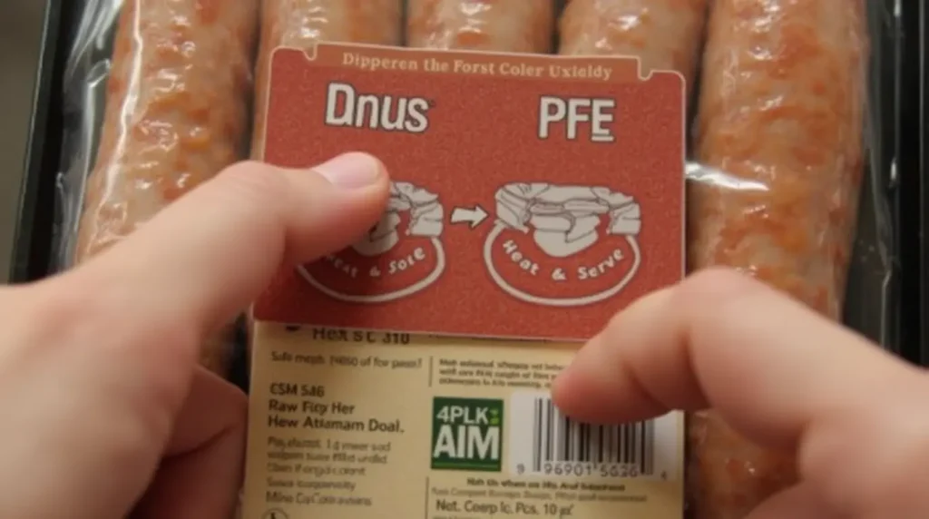 A packaged sausage label with "Fully Cooked" and "Heat & Serve" instructions highlighted.